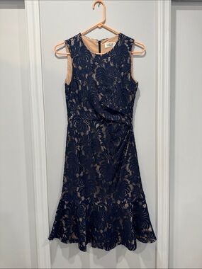 Vintage Eliza J Navy Lace Midi Dress with Nude Underlay